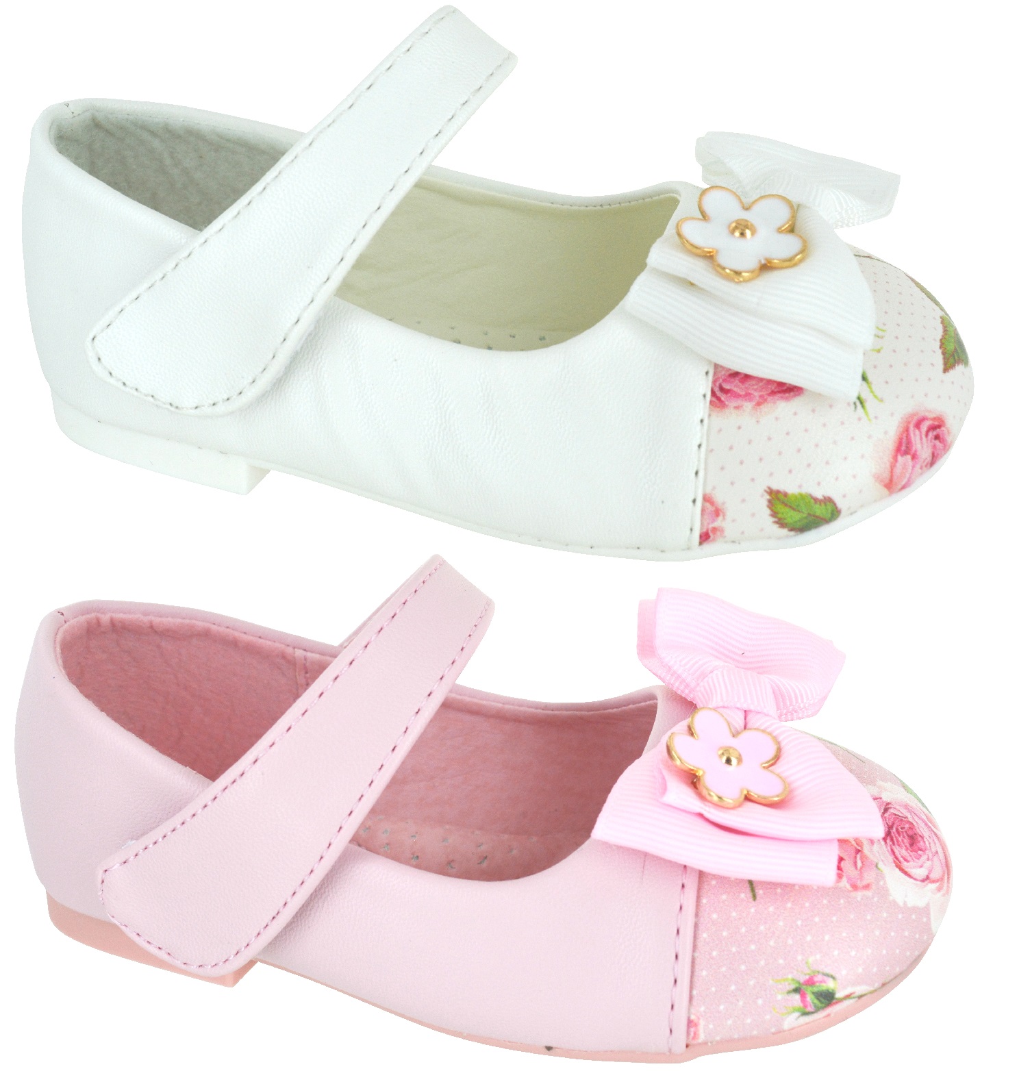 KIDS GIRLS INFANTS CHILDREN FLAT DOLLY PUMPS FLORAL FLOWER BOW STRAP